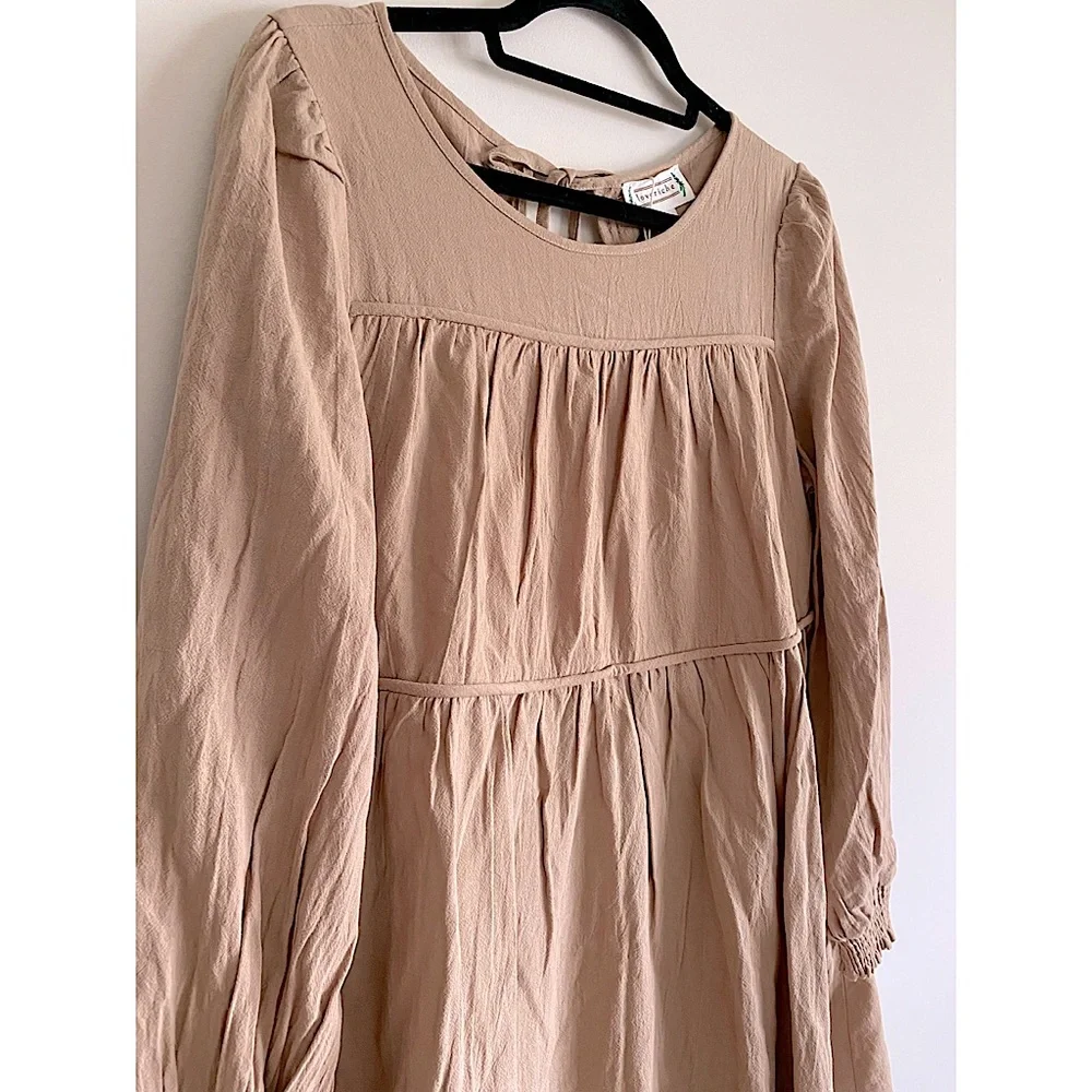 NWT Loveriche Tan Babydoll Mini Dress Tunic with Bow tie Back and Long Sleeves L - Picture 3 of 7